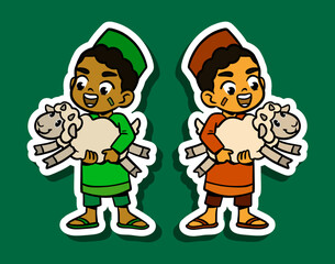 Sticker Illustration of a Muslim Boy with Sheep