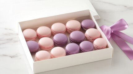 A close-up of colorful macarons stacked neatly on a white plate, with a blurred caf&eacute; background.