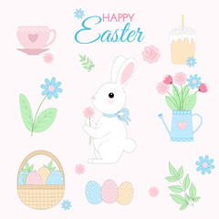 Cute Easter set, collection of spring  elements - rabbit, flowers, eggs and other isolated on background. Vector illustration for banners, card