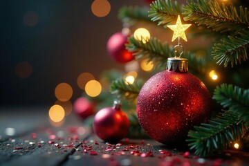 Glittery red Christmas tree ornaments with a star on top, star, winter wonderland, lights