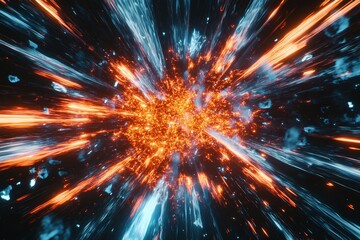 Fototapeta premium Dynamic Explosion of Bright Orange and Blue Energy Sparks with Radiating Light in Dark Space Scene