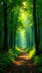 Obraz premium Peaceful forest path winding through tall trees, leaves, trees