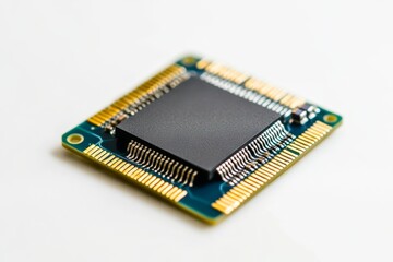 Microchip close-up, white background, technology