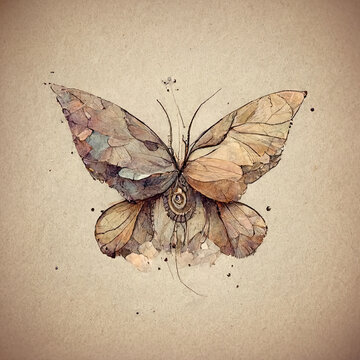 Watercolor Butterfly Illustration on Textured Beige Background &ndash; Earthy Tones. AI generated.