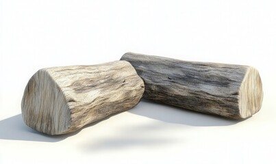 Two Wooden Logs on a White Surface A Minimalistic Arrangement Showcasing Natural Textures and Shapes, Perfect for Backgrounds or Nature-Themed Projects.