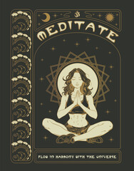 Girl in lotus pose with the Om sign, surrounded by stars and sacred floral patterns in the style of Alphonse Mucha. Mystical and calm design for tarot cards, meditation posters, or spiritual t-shirts