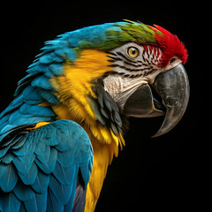 Obraz premium Portrait of a macaw isolated on a black surface.