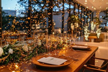 Fototapeta premium Celebrating new year's eve party elegant venue festive event cheerful atmosphere guests perspective enchanting confetti experience