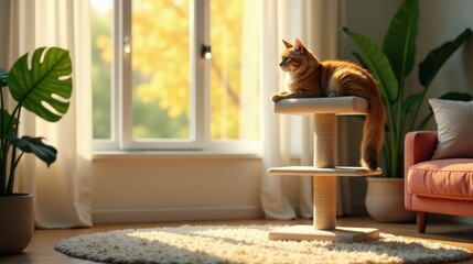 Sunlit Ginger Cat Relaxing on a Cozy Cat Tree in a Serene Home Environment