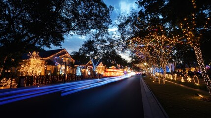 Festive light show accompanies holiday parade city streets event highlights evening atmosphere dynamic artistry