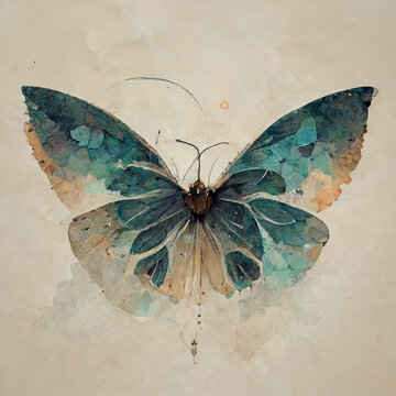 Watercolor Butterfly Illustration on Textured Beige Background &ndash; Earthy Tones. AI generated.