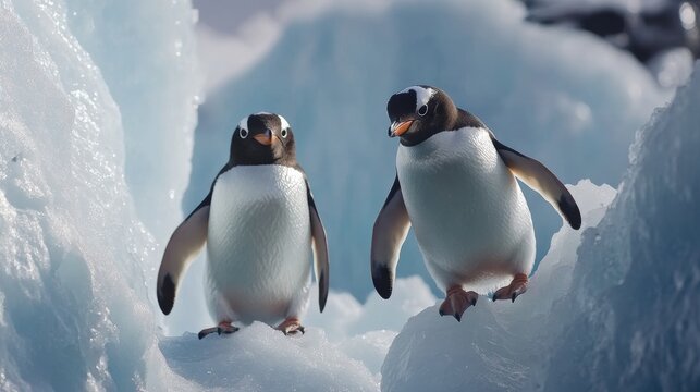 Penguins navigating through towering icy spires on their journey to feeding grounds, - Powered by Adobe