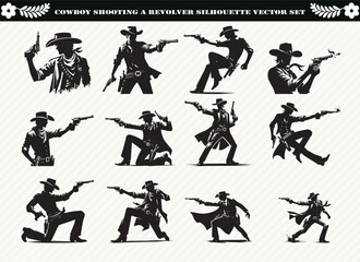Cowboy Shooting a Revolver Silhouette Vector Set: 12 Images