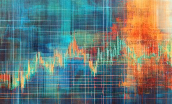 Abstract teal-orange data wave chart, grid background, financial market analysis