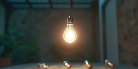 Single Glowing Light Bulb in Dark Room with Broken Bulbs on the Floor