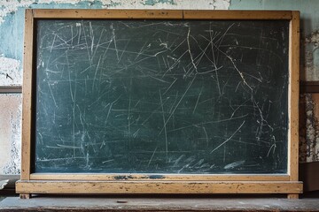 Worn Vintage Green Chalkboard With Wooden Frame In A Weathered Classroom Setting