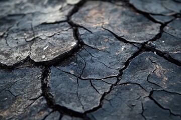 Closeup of Cracked Dry Earth in Dark Shades Representing Drought or Climate Change Impact