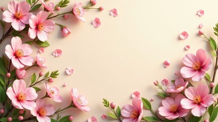 Obraz premium Delicate Pink Blossoms Frame a Pastel Background, Perfect for Springtime Designs or Announcements