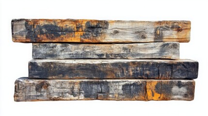 Weathered Wooden Beams Stacked Against White Background for Rustic Construction or Decor