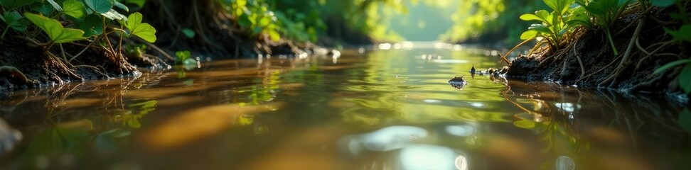 Muddy, murky swamp water with vegetation and debris, aquatic, wet