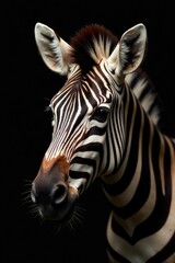 Naklejka premium Striking Close-up Portrait of a Zebra's Head Against a Dark Background, Showcasing Its Unique Stripes and Expressive Eyes