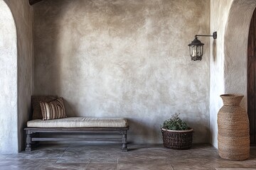 Rustic Bench with Neutral Cushion Against Textured Beige Wall and Woven Decor in Cozy Entryway