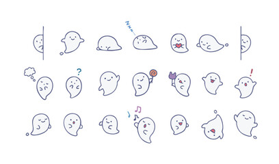 シンプルでかわいい様々なおばけのイラスト　装飾セット　ゴースト　幽霊　ハロウィン　感情 © わたほこり