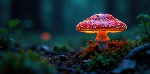 Mushroom cap glowing in the dark forest floor, microorganism, bioluminescence, luminescent