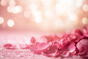 Fototapeta premium Pink Rose Petals on Glittery Surface with Soft Golden Bokeh Lights in Romantic Setting