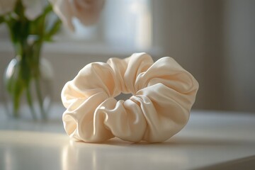 Elegant Cream Satin Scrunchie Hair Accessory