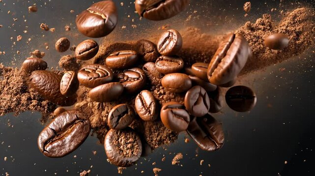 Exploding coffee beans and ground coffee in dynamic motion burst