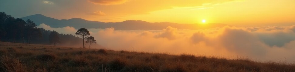 Mysterious fog rolling in over metallic gold landscape, landscape, misty dawn, eerie