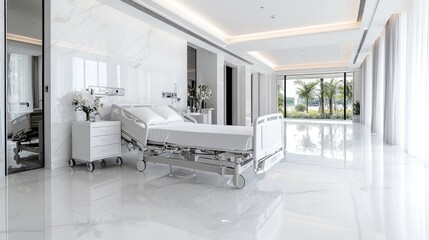 Luxurious hospital room with ocean view, recovery, comfort