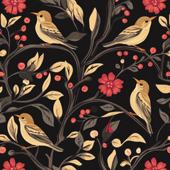 Fototapeta premium Seamless pattern of birds and flowers on dark background