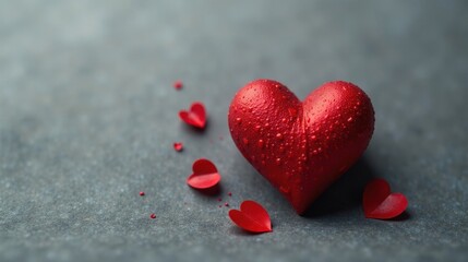 Fototapeta premium A large, glistening red heart rests on a dark surface, surrounded by smaller red hearts, conveying a sense of affection and romance.