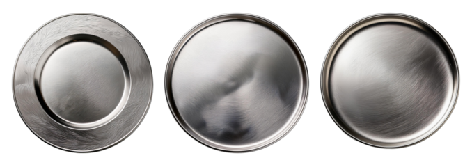 Three silver plates showcasing reflections and textures for culinary presentations.