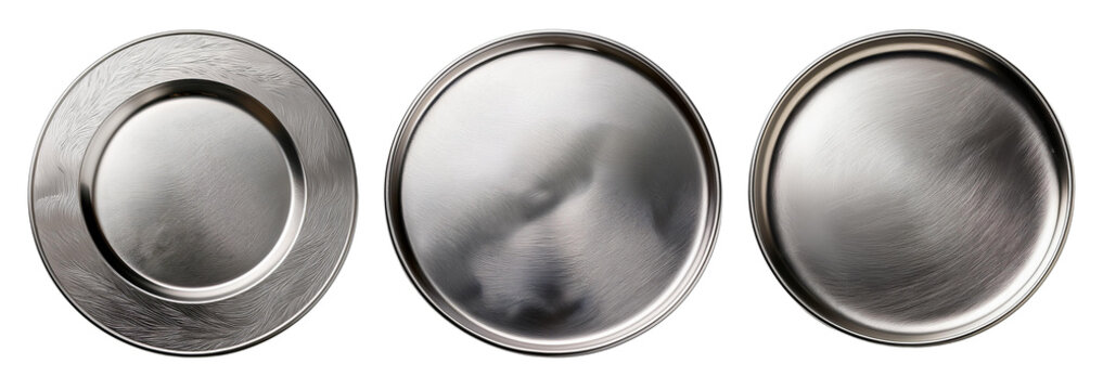 Three silver plates showcasing reflections and textures for culinary presentations.