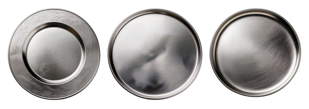 Three silver plates showcasing reflections and textures for culinary presentations.