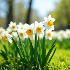 Fototapeta premium Narcissus flowers blooming on green grass in a sunny field, spring, white