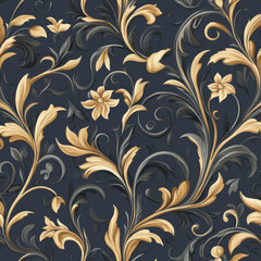 Fototapeta premium Elegant floral pattern with gold leaves on dark background
