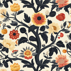 Floral pattern with vibrant flowers and dark leaves