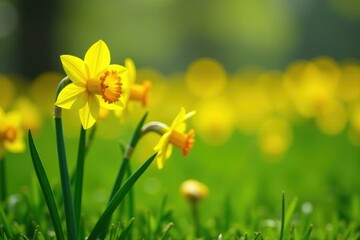 Fototapeta premium Narcissus flowers blooming on green grass in a sunny field, yellow, grass, field