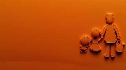 Family walking, orange background, copy space, parent child bond