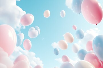 Fototapeta premium Bright Pastel Balloons Floating in Blue Sky with Soft White Clouds in a Serene Outdoor Scene