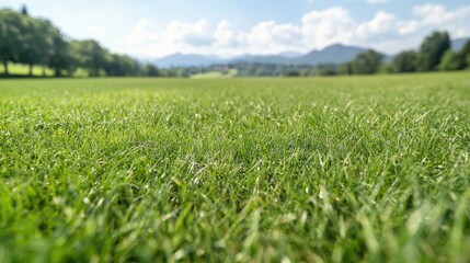Fototapeta premium Lush green grass field, mountain background, sunny day, landscape view