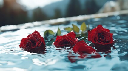 Floating red roses in water spa setting imagery serene environment relaxation concept