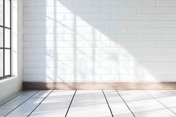 Obraz premium Bright Minimalistic Room Interior With White Brick Wall Natural Light And Wooden Floor Planks