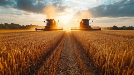 Fototapeta premium Combine harvester collects grain. Field of rye, wheat in autumn. Agriculture