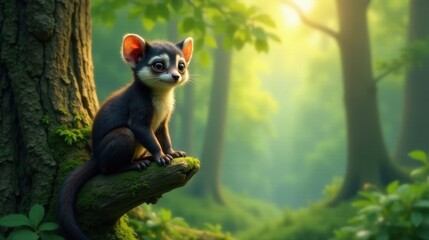Fototapeta premium A whimsical creature, a small mammal with dark fur and large eyes, sits serenely on a mossy branch in a sun-dappled forest, its gaze directed towards the light