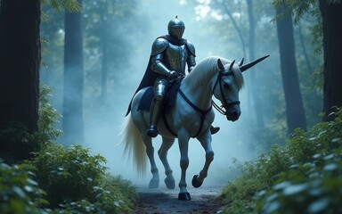 Knight in Shining Armor Riding Majestic Unicorn through Foggy Forest